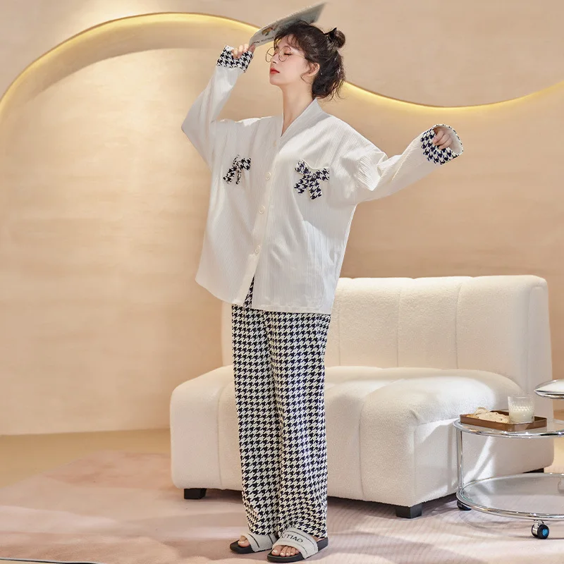 V Neck Sleepwear Women Spring Autumn Pajamas Swallow Gird Casual Pyjama with Trousers 2 Pieces Cotton Mujer Korean Style Outfit