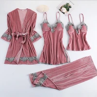 sexy womens pajamas four piece suit autumn winter breathable stretchy comfortable pad sling gold velvet nightdress home service