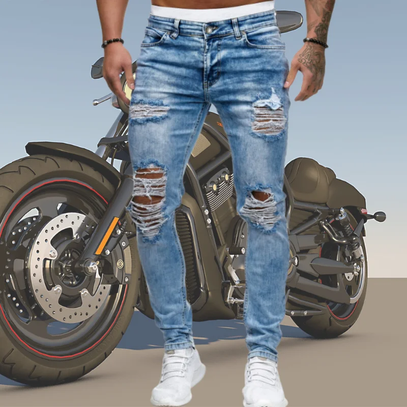 

Men Sexy Hole Ripped Jeans Pants Blue Casual Men Sexy Hole Ripped Jeans Pants Blue Casual Pencil Denim Pants Male Skinny Cowboy