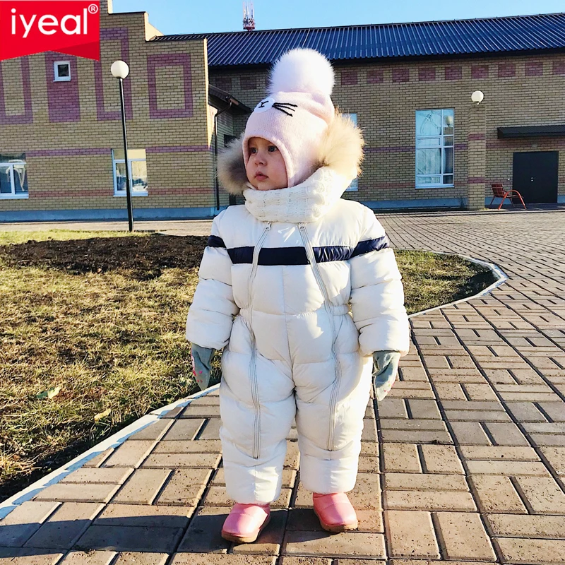 IYEAL/Новинка; зимняя детская одежда с капюшоном; натуральный мех; утепленные комбинезоны; Детский комбинезон для мальчиков; зимний комбинезон для маленьких девочек; верхняя одежда