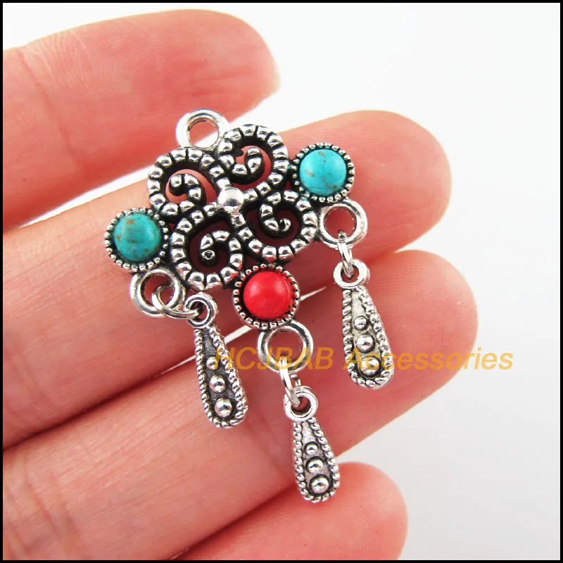 5 шт. Тибетский Серебряный тон китайский узел цветной камень каплевидные