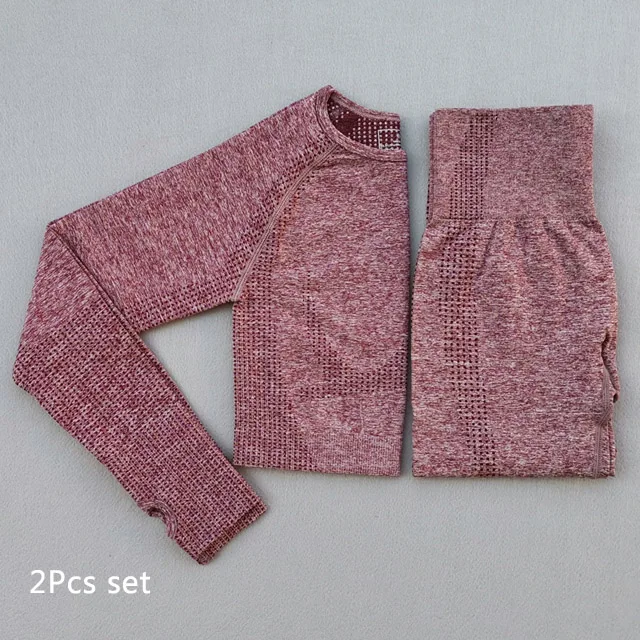 Wine red 2pcs set Бесшовный костюм для йоги, 2 шт., спортивные футболки, укороченный топ, бесшовные леггинсы, спортивный комплект, одежда для спортзала, фитнес-костюм, комплект для тренировок, Femme - Цвет: Wine red 2pcs set