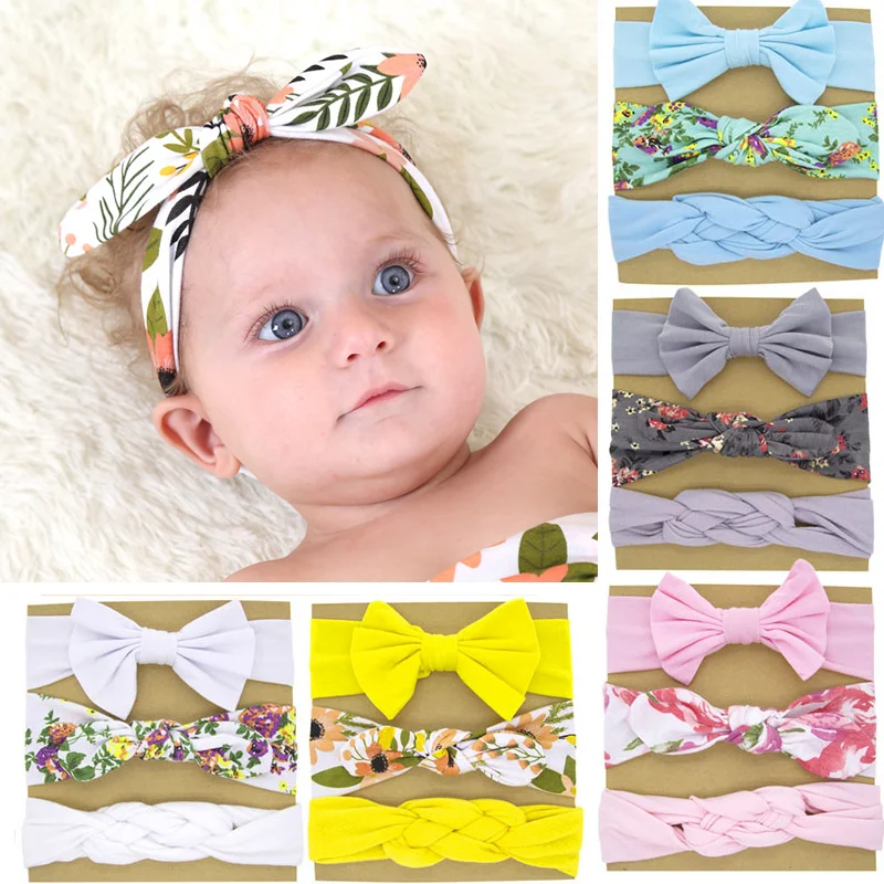 

A collection of three people. Baby and girl headwear with bows, headwear with braids, little girl's hair with soft elastic