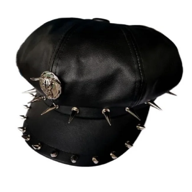 

Young British Fashion Wild leather hat Punk Rock and Roll Beret Rivet Young Men Cool Casual Short Brim Winter Warm Hat