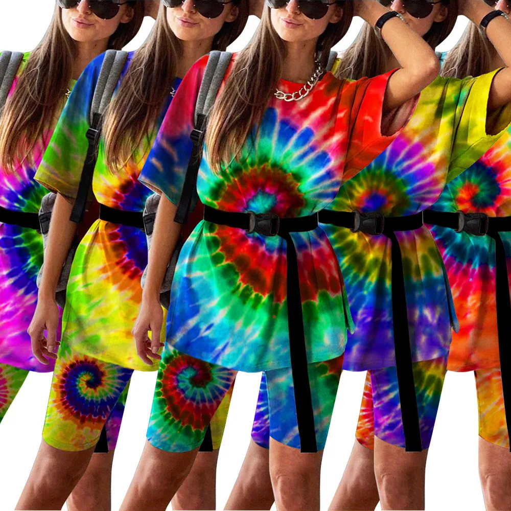 Tie Dye Print Oversized Two Piece Short Set for Women T-shirt Top and Biker Shorts Set Lounge Wear Street Joggers Matching Sets