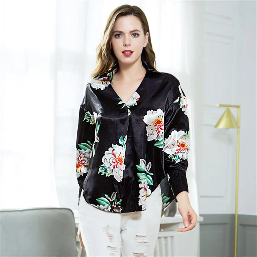 Женская Цветочная блуза с длинным рукавом и v-образным вырезом Осенние