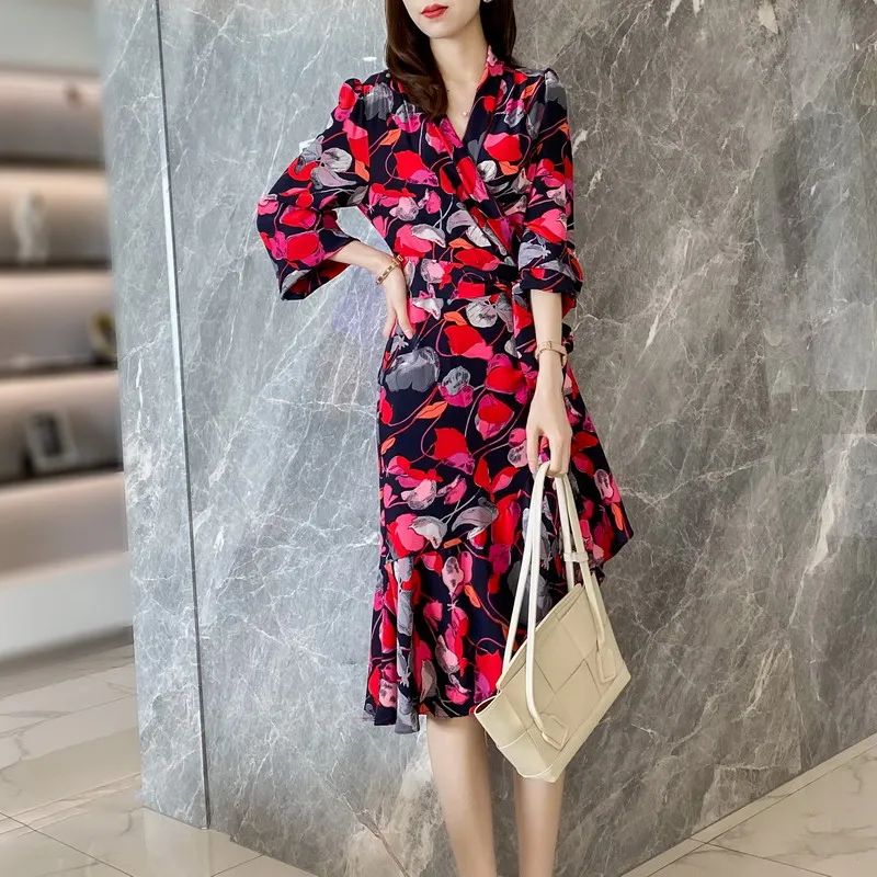 

Элегантное Шелковое Платье с запахом и цветочным принтом, с длинным рукавом, в стиле королевы Нью-Йорка, 2020