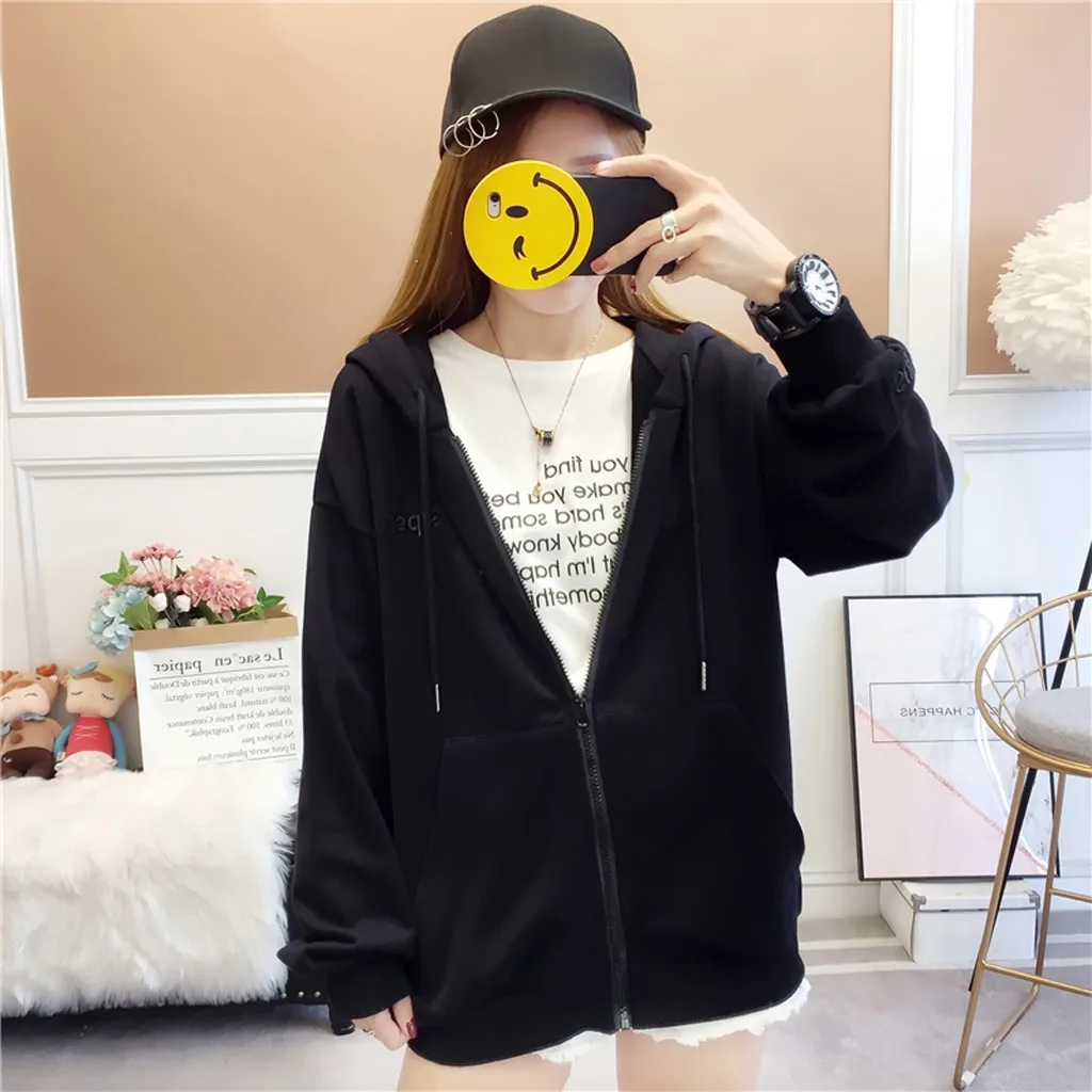 

Casual Sweatshirts Autumn Winter Hoodies Long Sleeve Hoody Ladies Zipper Pocket Hooded Sweatshirt Letter Printed Female Outwear