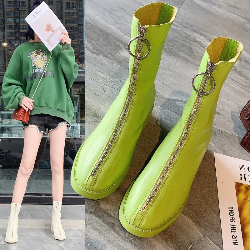 Брендовые женские мотоциклетные ботинки из толстой кожи на молнии спереди