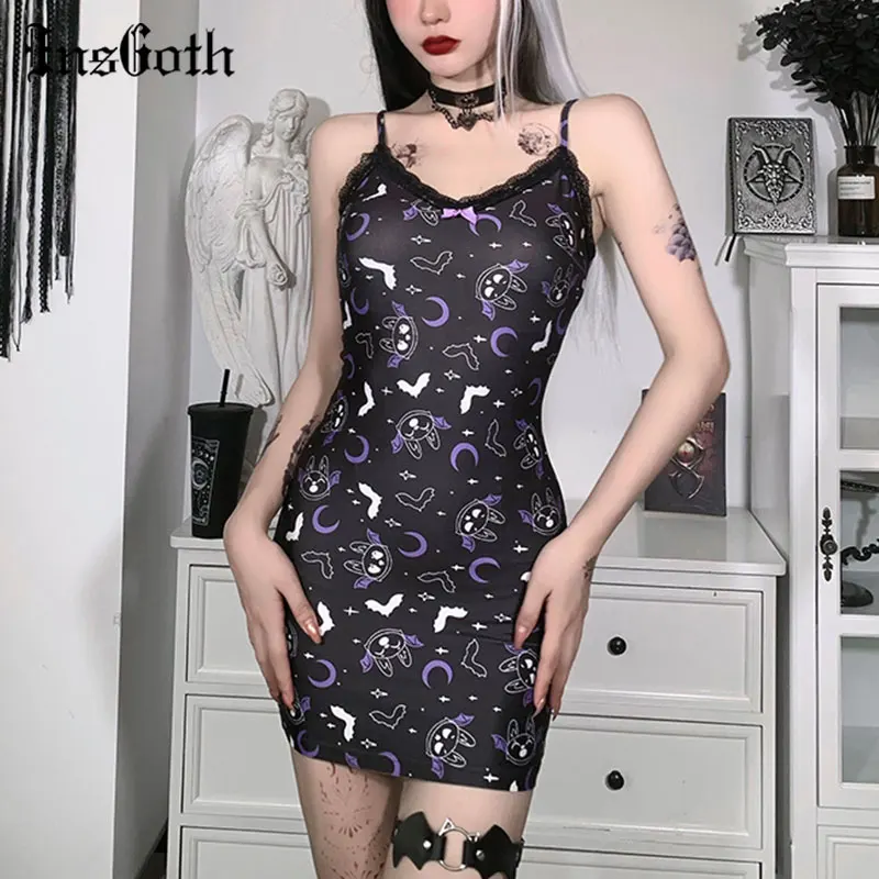 

InsGoth Y2K Goth Bat Print Black Mini Dress Vintage Sexy Lace Trim Bodycon High Waist Women Dresses Club Party Wear Summer Dress