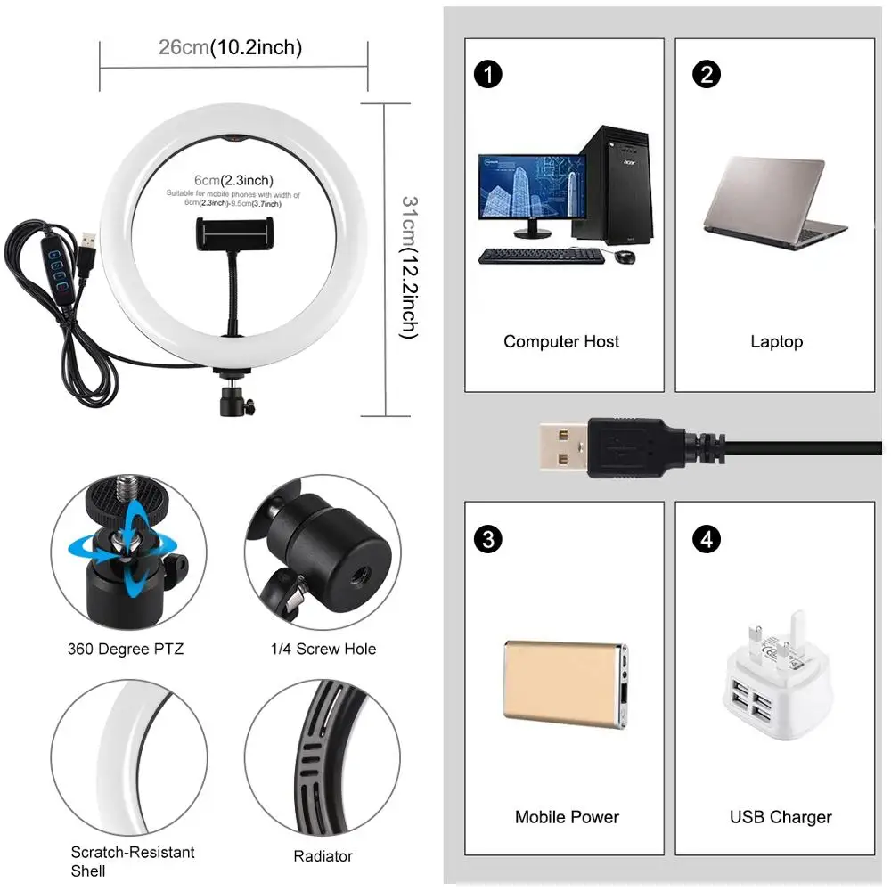 Светодиодное изогнутое диффузное кольцо PULUZ 10 2 дюйма 26 см USB 3 режима | Электроника