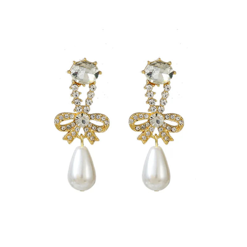 

Retro Elegant Bow Pearl Earrings for Women 925 Sterling Silver Color Drop Zircon Pearl Gemstone Wedding Earring Jewelry Gift
