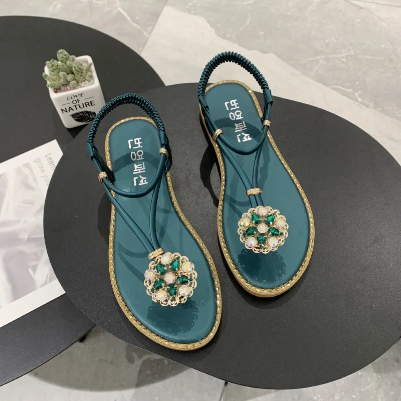 

My-Love Fashion 2020 New Women Flat Sandals Glitter Slides Flip Flops Rhinestone Sandals Women Black Green Retro Sandels