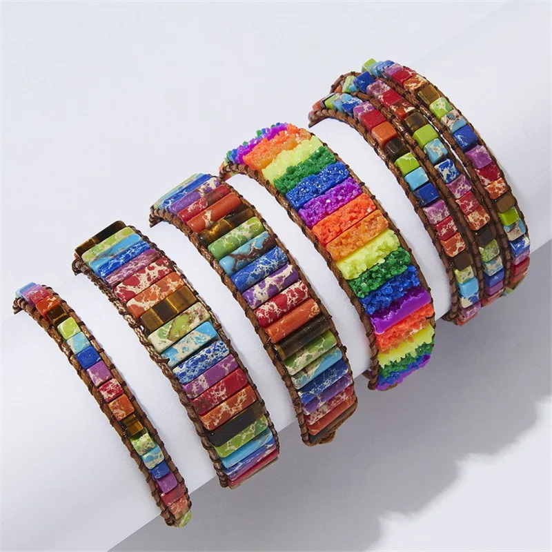 Модный кожаный браслет в этническом стиле несколько типов Императорский камень