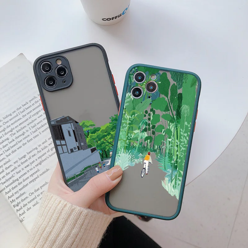 

Cartoon Scenery Phone Cases For iphone 11 12 13 Pro Max X XR XS MAX 7 8 Plus SE2020 boy and girl Dog Cat Hard Shockproof Cover