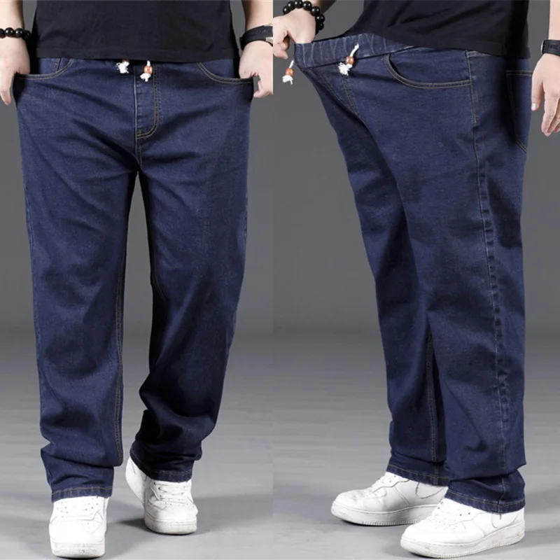 Plus Size Mens Baggy Jeans Men Casual Black Loose Straight Elastic Waist Drawstring Denim Pants