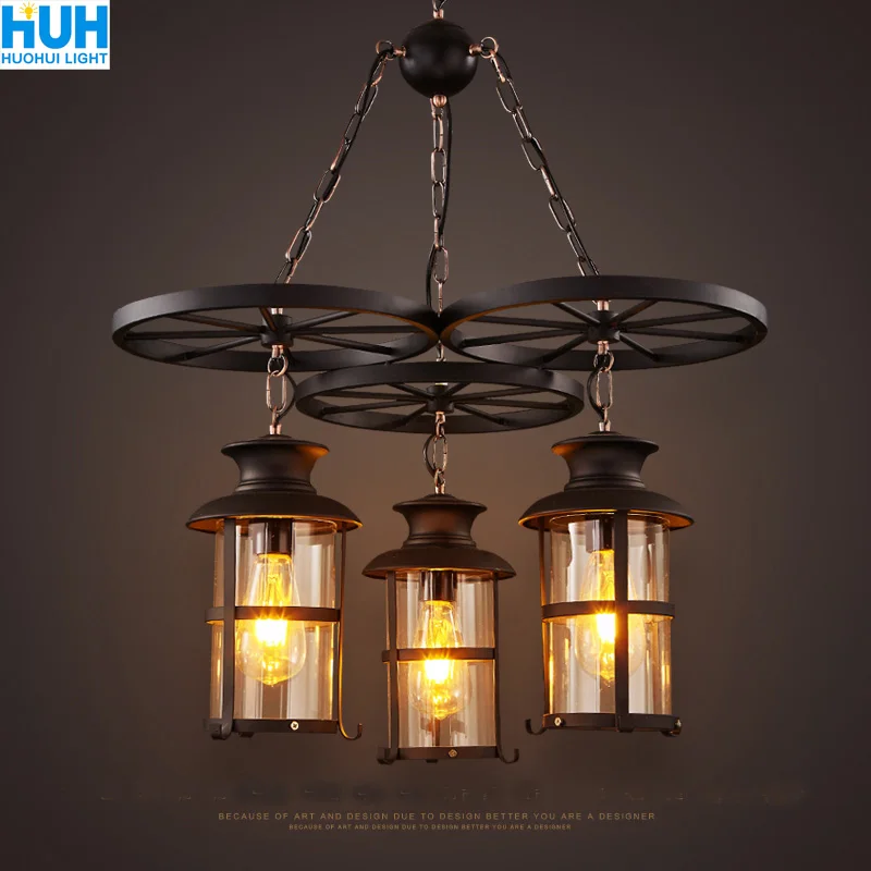 Goedkoop Retro Industriële Stijl Kroonluchter Koffie Restaurant Bar Eettafel Loft Creatieve Persoonlijkheid Drie Smeedijzeren Wiel Lampen