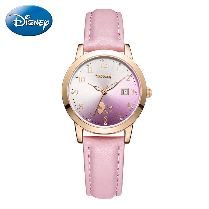 Original Disney Lady Gradient Color Fashion Watch For Girl Leather Band Wristwatch Student Clock Young Woman Time Calendar Hour fashion lady leaher strap watch female stainless steel band clock woman luxury crystal hour pink girl gift luminous time kid top