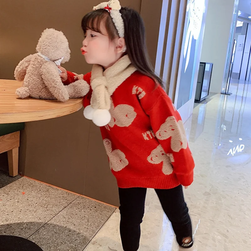 

Girls Sweater Baby's Coat Outwear 2021 Bear Thicken Warm Winter Autumn Knitting Scoop Jacket Long Sleeve Children's Clothing