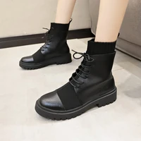 ankle boot winter womens pu leather lace up woman shoes ladies fashion flats platform short boots elastic warm plush female