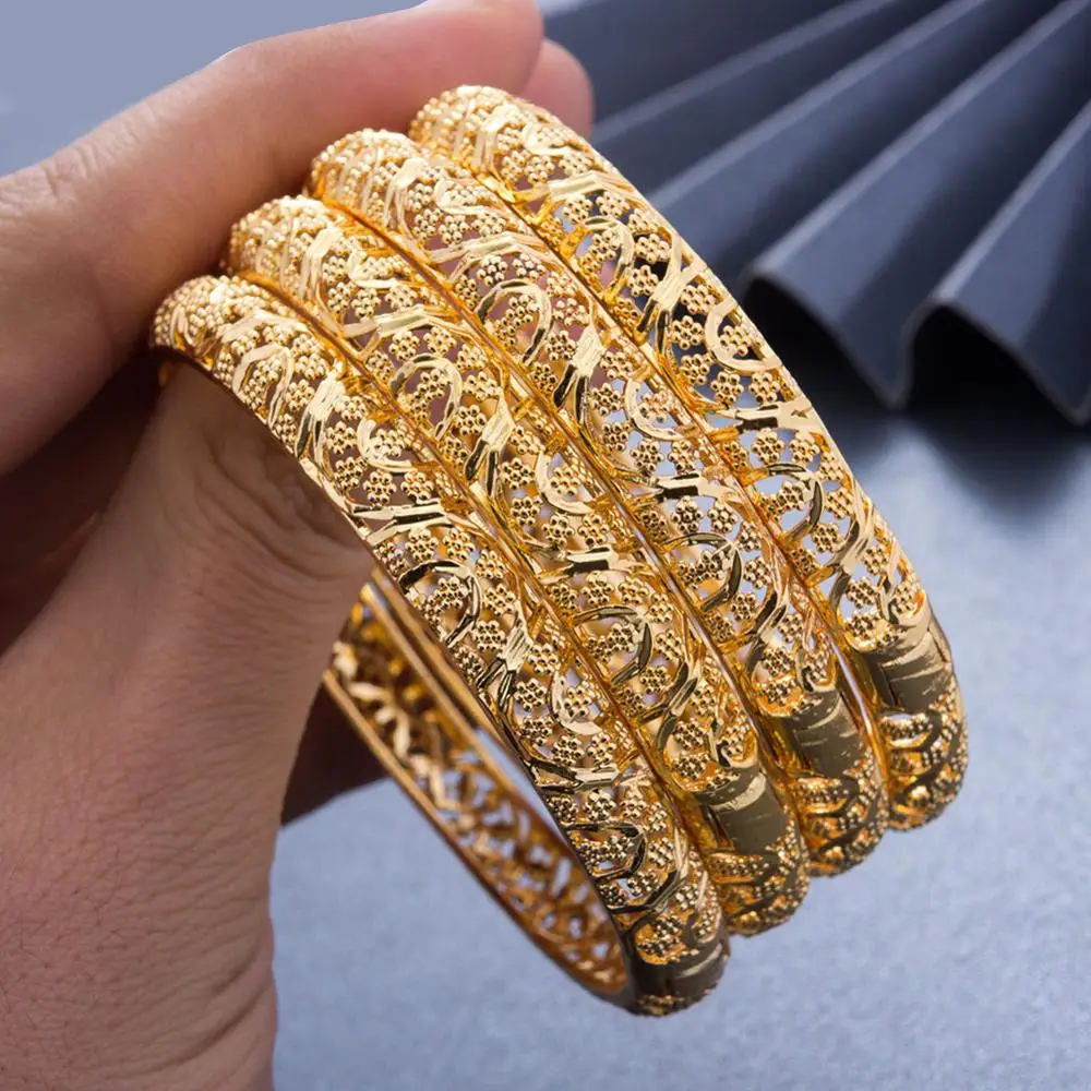 

24k 4Pcs Gold Color Dubai India Bangles For Women African Bridal Bangles Bracelets Gold Wedding Bangles Jewellery Gifts