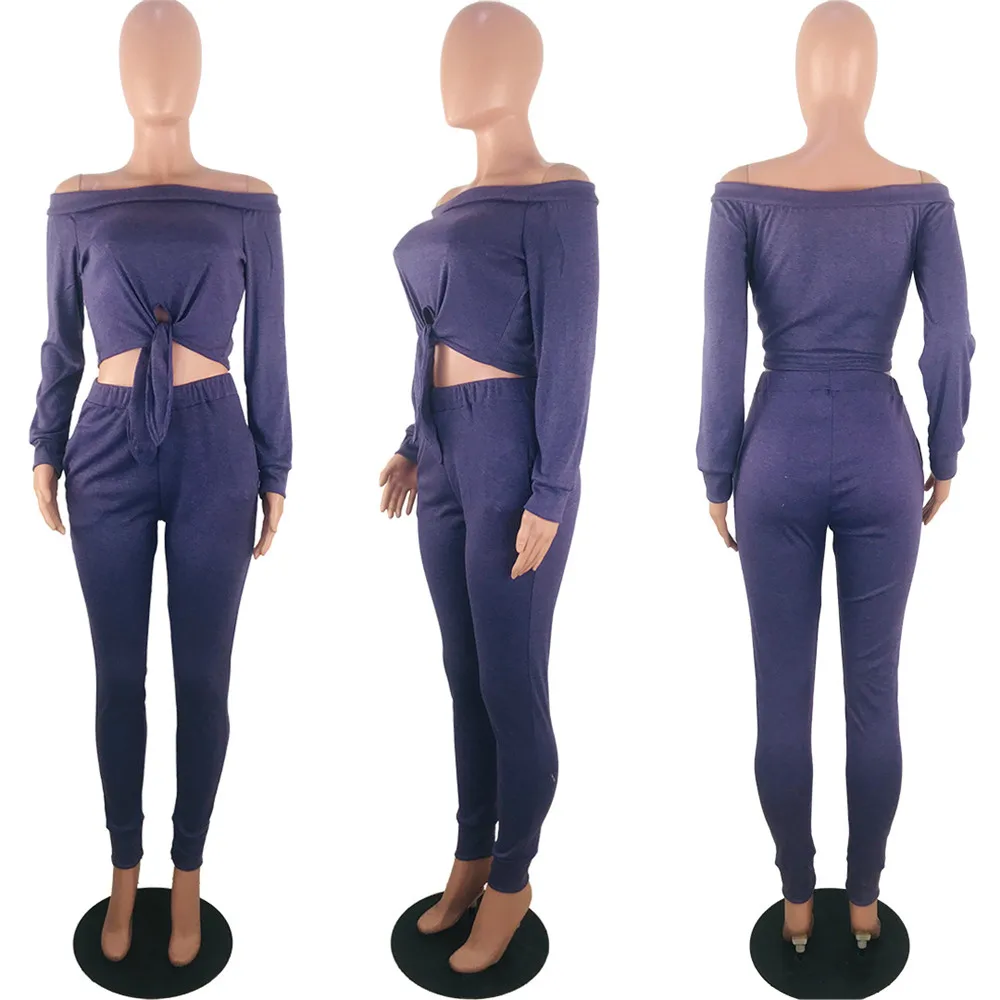 

Off Shoulder 2 Piece Set Women Tracksuit Long Sleeve Bow Tie Crop Top Pants Sweat Suit Spring Two Piece Outfits Matching Sets