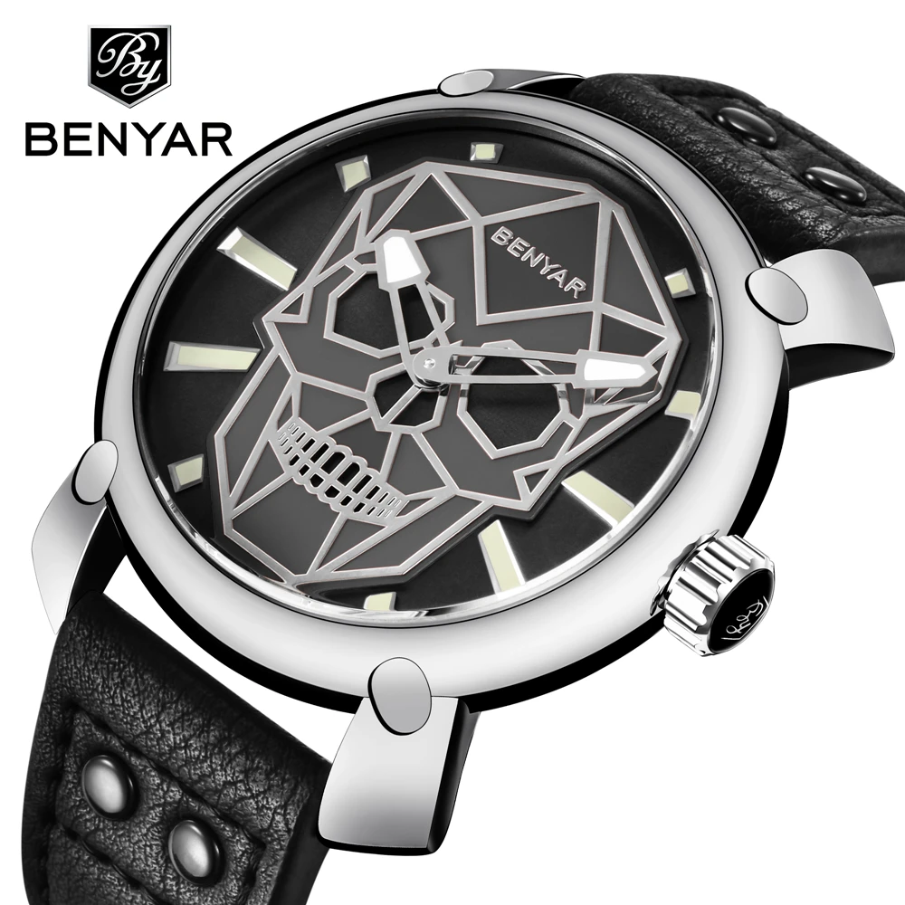 

Relogio Masculino BENYAR Gold Skull Watch Mens Watches Top Brand Luxury Fashion Leather Quartz Wristwatch Clock Men Montre Homme