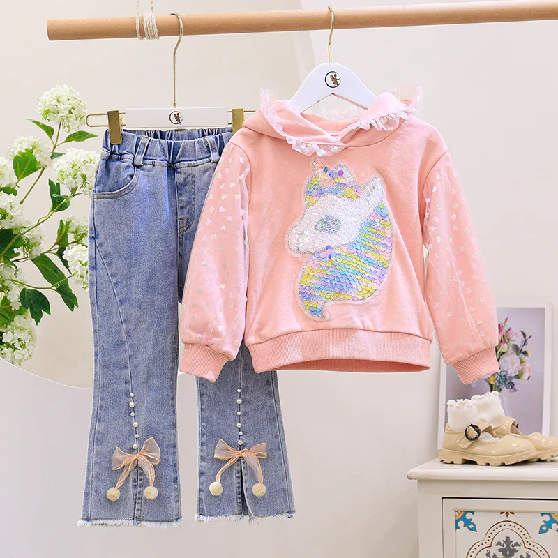 

2Pcs Kids Clothes Girls Hooded Sweater Set 2021 Autumn New Girl Net Yarn Children's Sequin Cartoon-Top + Jeans set