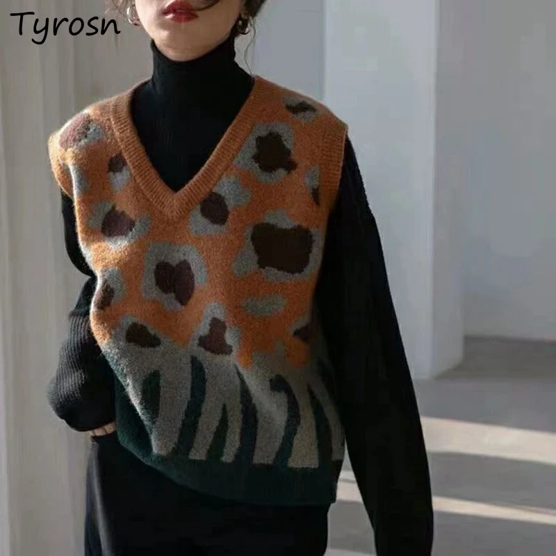 

Sweater Vest Women Soft Casual Geometric Panelled V-neck Loose-fit Sweaters Korean Fashion Warm Knitted Vests Mujer New Arrival