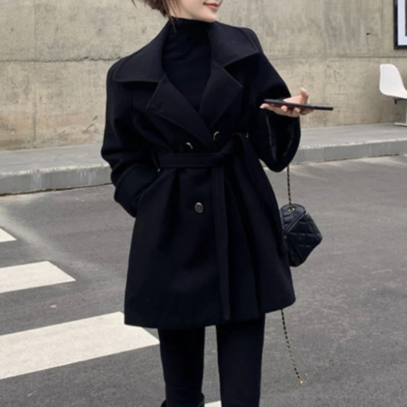 

Korean Style Suit Collar Woolen Coat Woman Autumn Double-Breasted Lace-Up Cardigan Ladies Winter Fashion Long Sleeve Coat Women