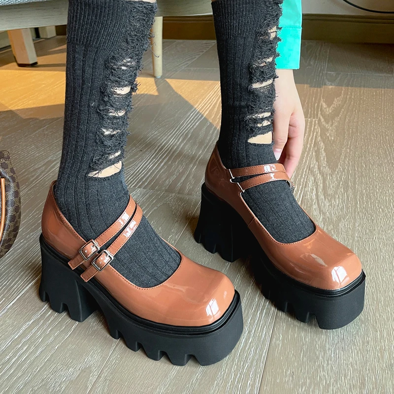

Leather Single Shoes Women's Thick Heel Mary Janes Small Leather Shoe Square Toe Platform Brand Women Shoes Buckle Zapatos Mujer