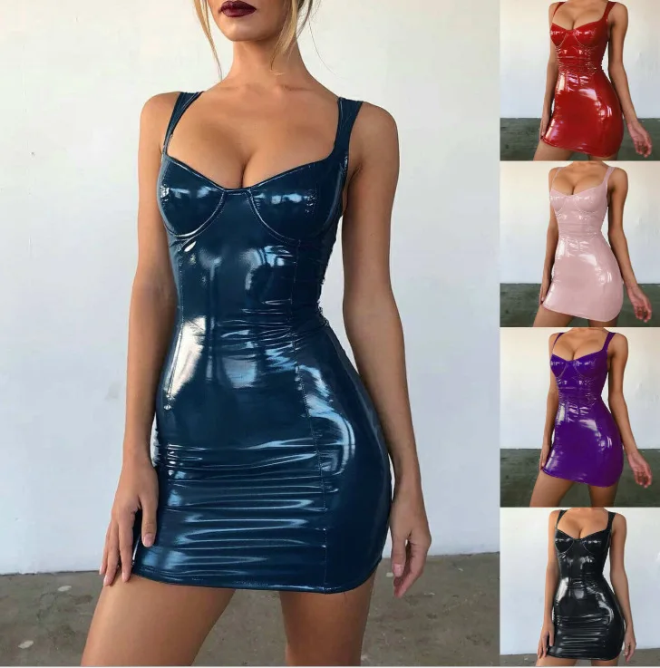 

Summer Women's Sexy Slim Dress Black Retro PU leather Hip Skirt Gothic Nightclub Prom Dress 2021 Fashion