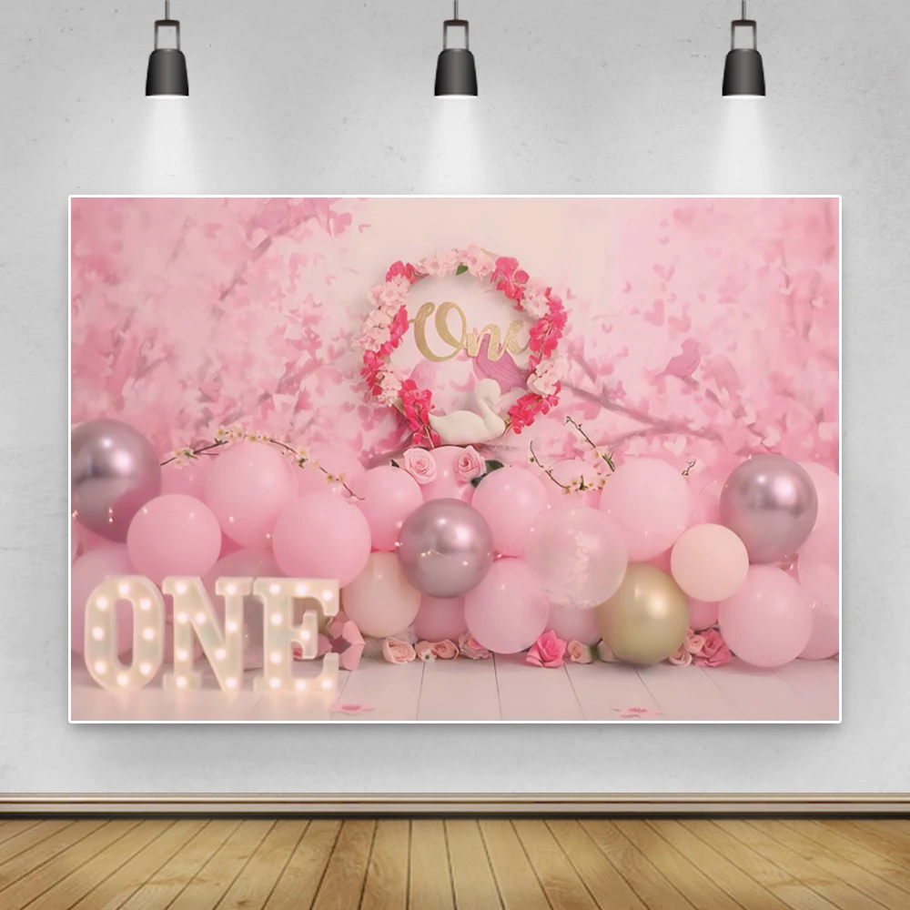 

Laeacco Pink Wall Balloons Baby 1st Birthday Backdrop For Photography Wood Floor Baby Portrait Girl Backgrounds For Photo Studio