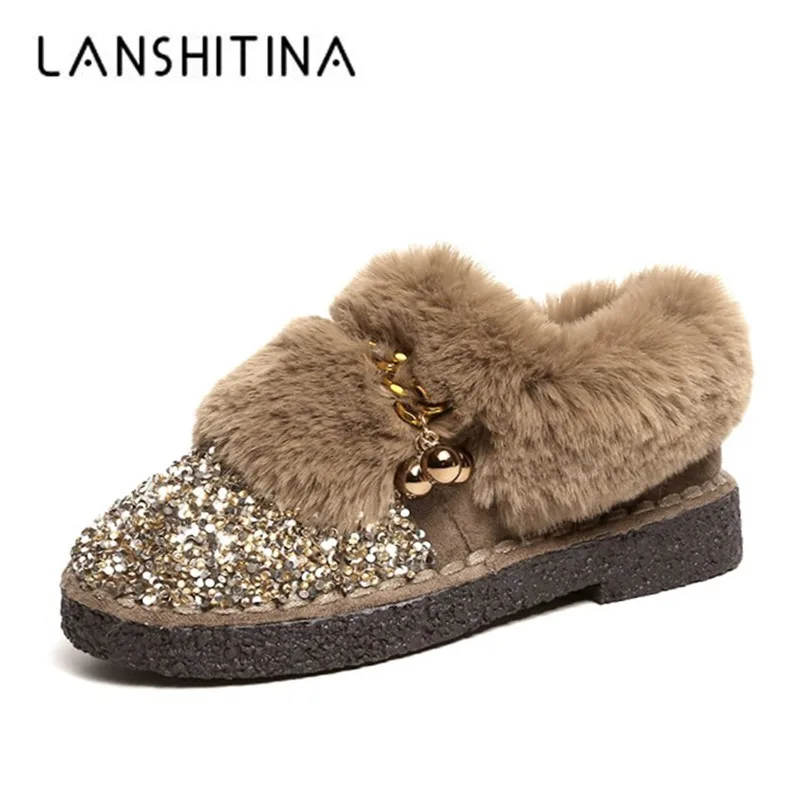 

2020 New Women Plush Winter Snow Boots Bling Suede Leather Slip On Flats Warm Fur Ankle Boots Comfortable Chain Non-slip Shoes