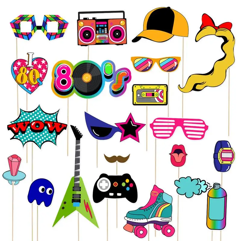 

21Pcs Funny Birthday Party Photo Booth Accessory with Wooden Sticks Creative Party Decoration Supplies (Four Colors Printed)