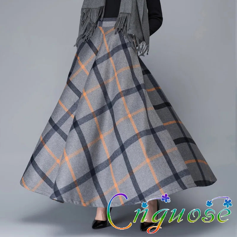 

2019 Winter Vintage Retro Casual Plus Size 6XL Female Woolen Grid Plaid a-line Slim Maxi Skirts Womens Falda ladies Skirt
