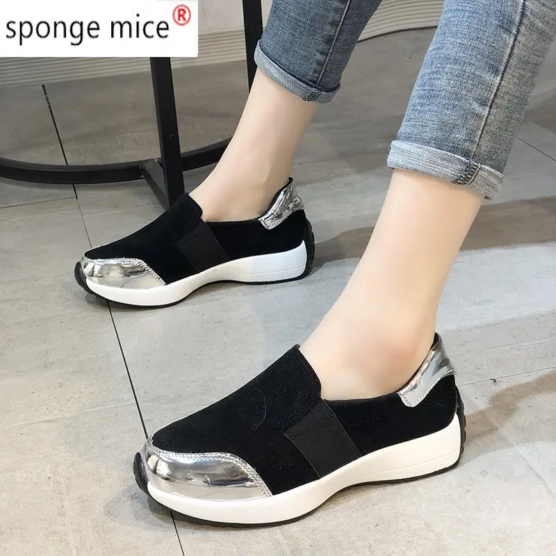 

2021 Woman Spring Flat Platform Slip on Casual Shoes Woman Elastic Band Thick Bottom Vulcanized Shoes Female Mixed Color Fashion