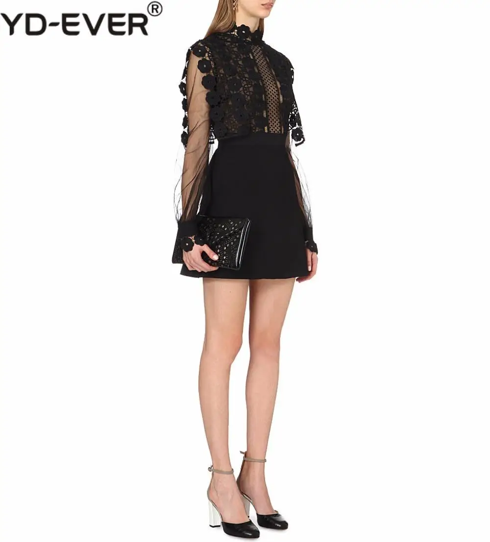 Self-Portrait Runway Patchwork Black Lace Dress 2020 Autumn Women's Long Sleeve Flower Embroidery Crochet Hollow Out Mini | Женская