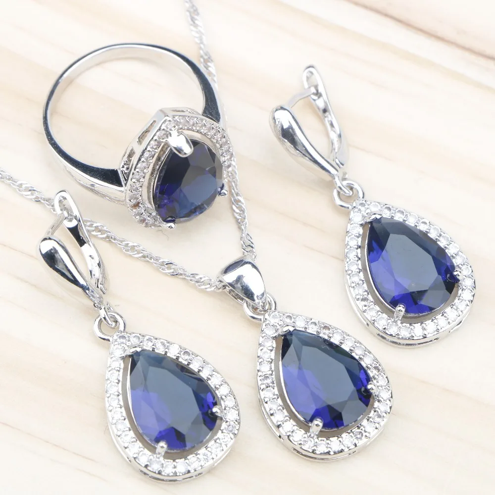 Женский свадебный комплект ювелирных изделий из серебра 925 пробы с синим