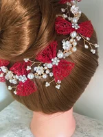 Red Bowknot Bridal Headband Bohemian Headpiece Pearl Hair Vine Flower Halo Wedding Hair Accessories