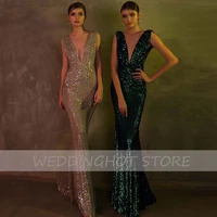 sparkle mermaid evening dresses long luxury 2021 elegant v neck backless sequin bridal prom party gowns custom robes de soir%c3%a9e