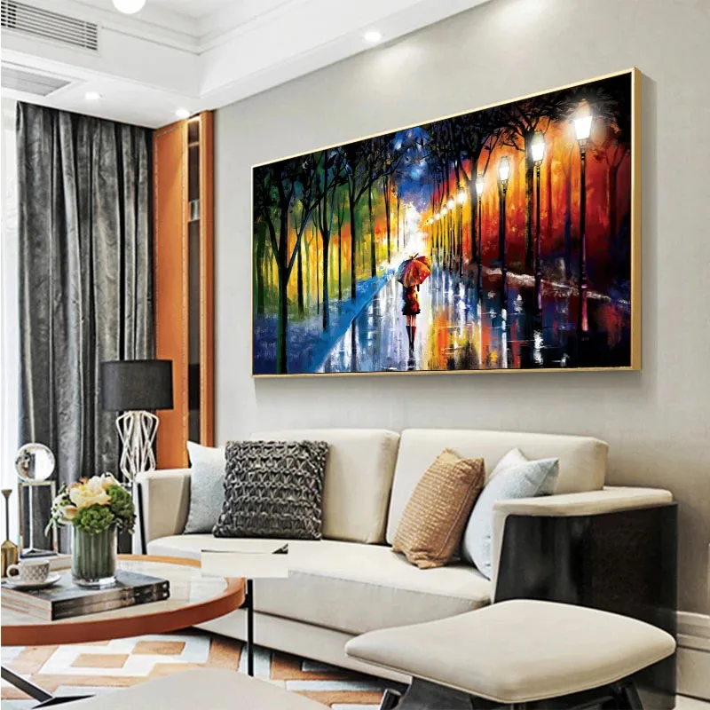 

Modern Handmade Rainy Day Stroll Canvas Oil Painting on The Wall Posters Abstract Girl Wall Art Picture Living Room Home Decor