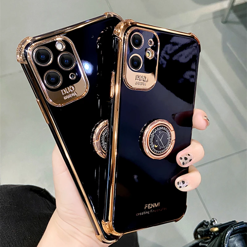 

Роскошный Черный Позолоченный блестящий чехол для iPhone 12Pro MAX 11 Pro XS MAX XR 7 8 Plus гальванический кольцевой держатель мягкий чехол для телефона