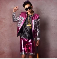 men leather baseball jacket 2 sets jacketshorts male fashion show hip hop coat stage dancer singer dj clothes costumes