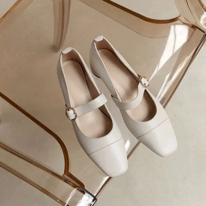 

Krazing Pot spring new style genuine leather round toe med heel buckle strap Mary janes Korean street elegant women pumps L00