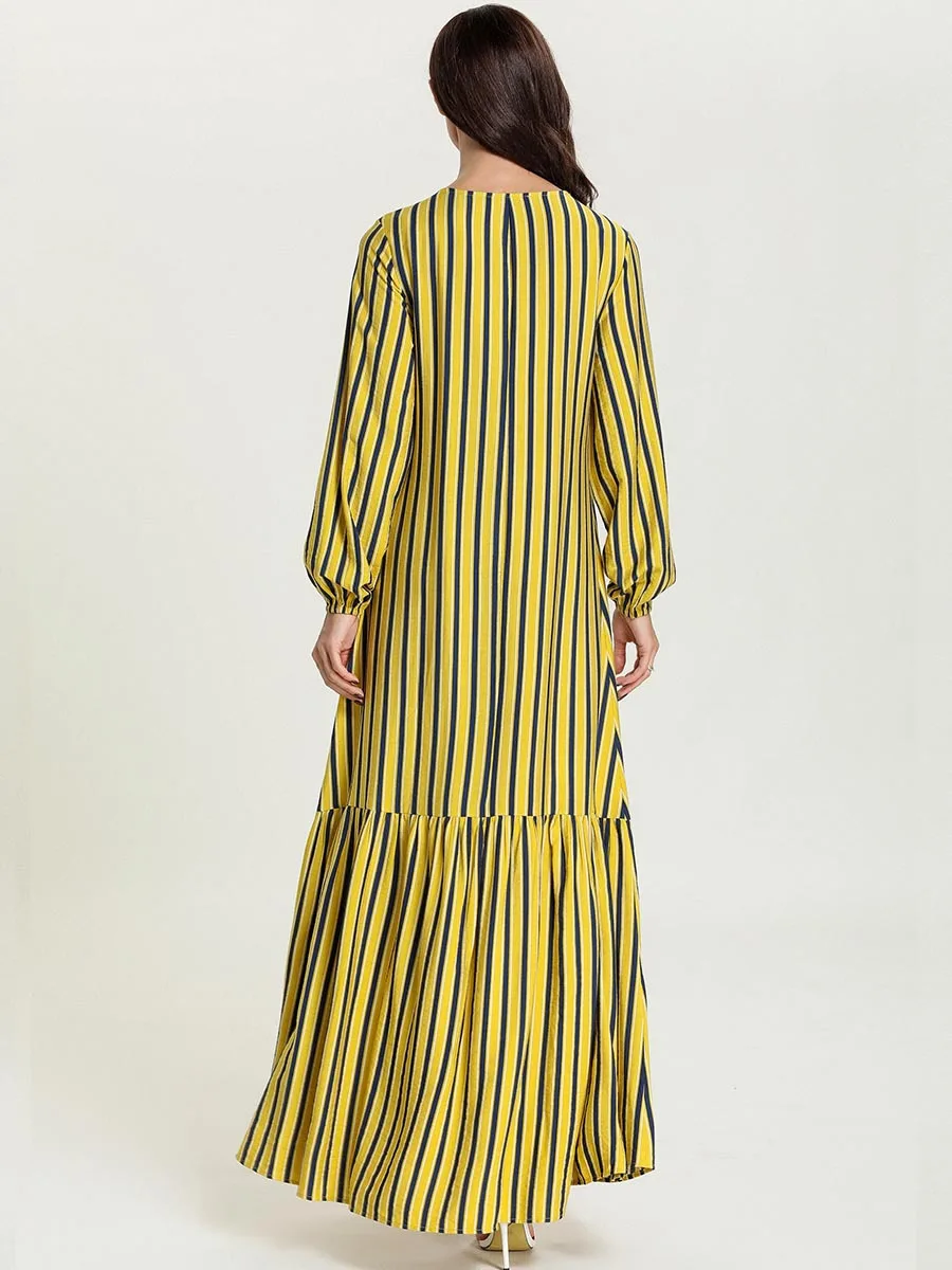 

Abaya Turkish Comfortable Fashion Large Size Women's Yellow Striped Embroidered Long-Sleeved Round Neck Muslim Casual Dress