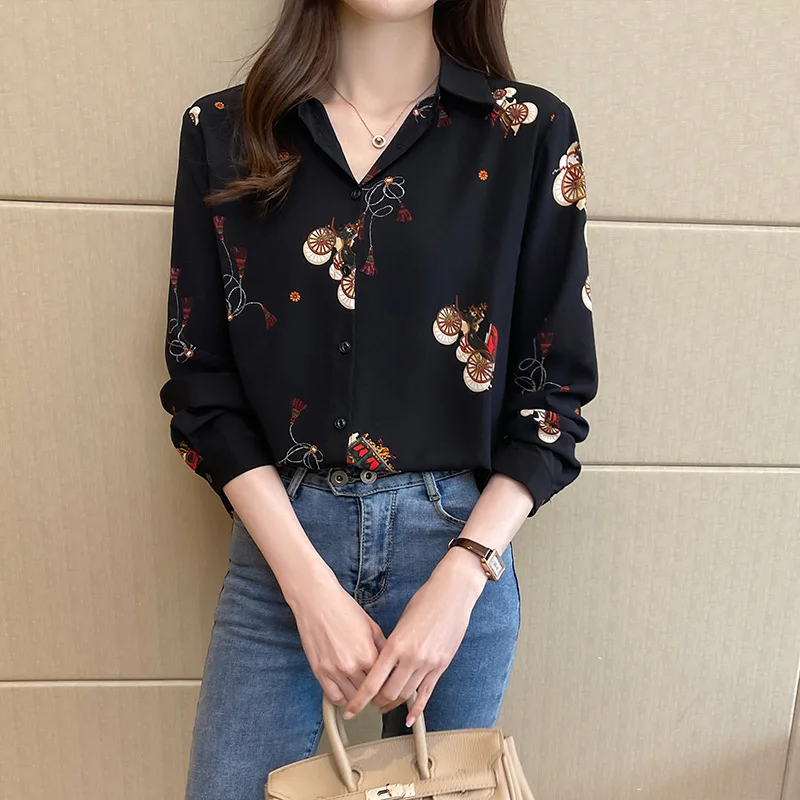 2021  New Large Size European American Print Floral Women Casual Shirts Long Sleeve Fashion Chiffon Girl  Top Clothes B045
