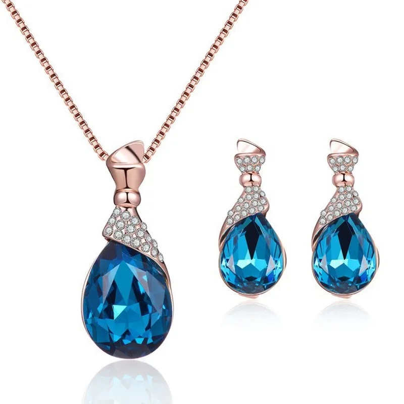 

2021 New Crystal Blue Opal Gold Color Choker Women Cute Pendant Necklace Set Girls Collar Collier Jewelry Pendants Party
