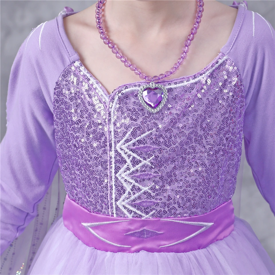 NEW Winter Girls Long Sleeve Sequin Purple Snow Queen Elsa 2 Dress with Long Cape Children Girl Christmas Birthday Party Costume images - 6