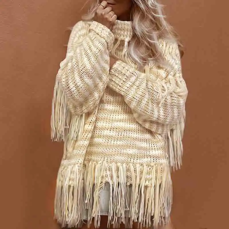 Богемный Вдохновленный вязаный свитер с бахромой подол водолазка Повседневные